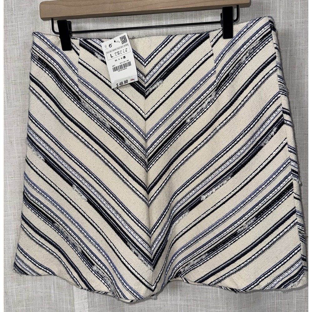 NWT Zara Basic A-Line Skirt Women's Size Large Blue Beige Chevron Side Zip Linen
